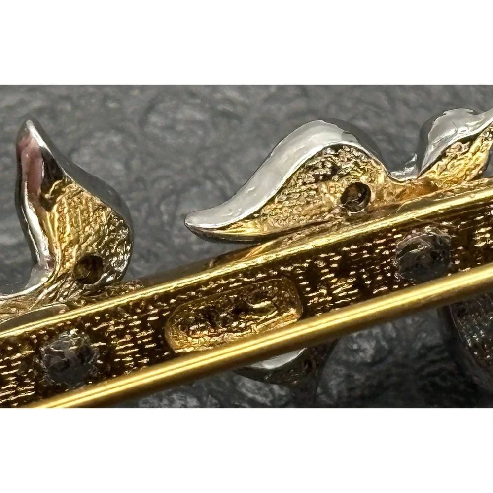 Atwood & Sawyer Victorian Revival Rhinestone Swallow Birds Bar Brooch Gold Tone